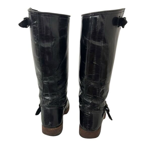 Frye Size 7 Veronica Slouch Tall Distressed Black Patent Leather Biker Boots - Picture 5 of 8